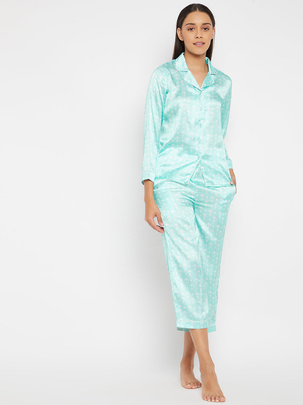 Women Blue & White Printed Night suit