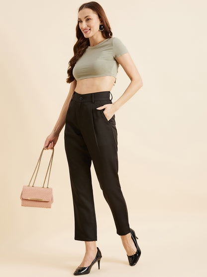 Black Relaxed Straight Fit High-Rise Formal Trousers