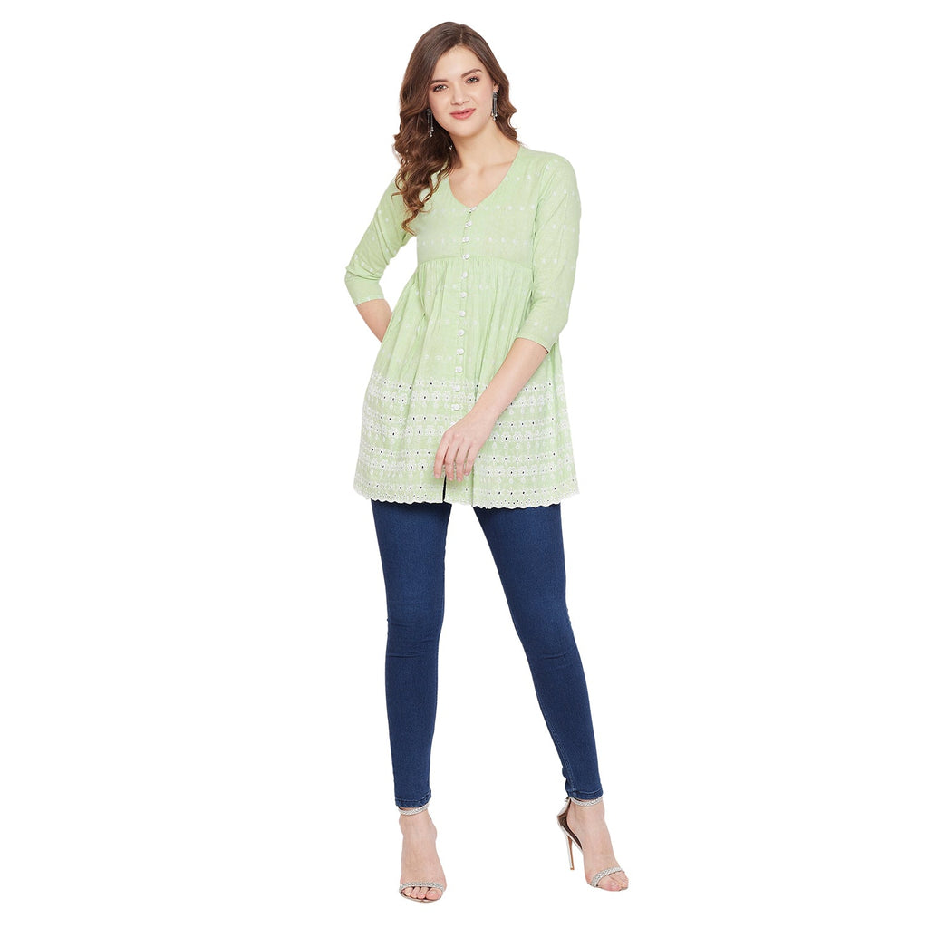 Women Lime Green Schiffli A-Line Flared Top