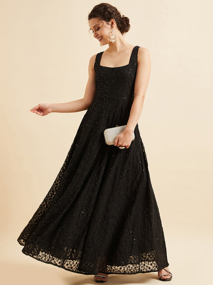 Embroidered Georgette Fit & Flare Maxi Dress - Black