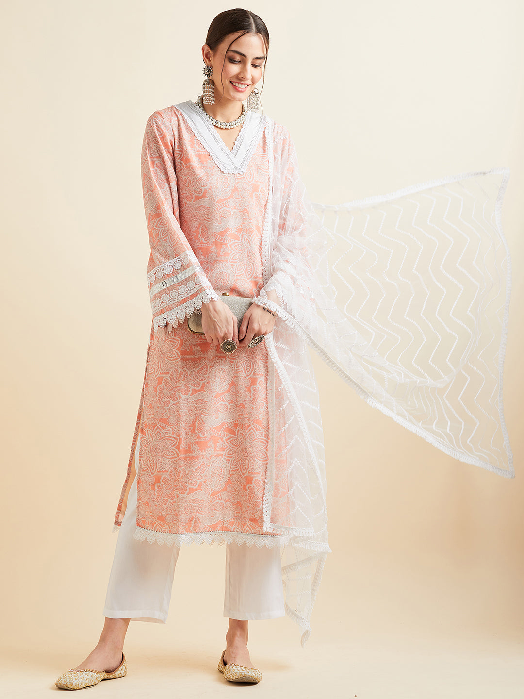 Pink Floral Printed Regular Patchwork Kurta with Trousers & With Dupatta