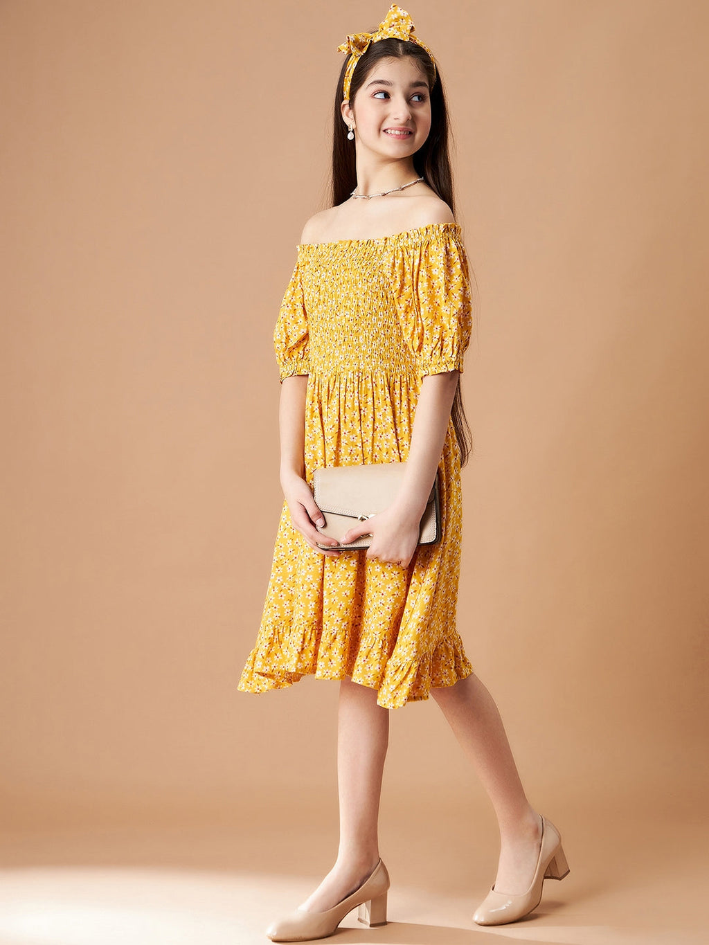 Girls Floral Print Off-Shoulder Puff Sleeve Fit  Flare Dress