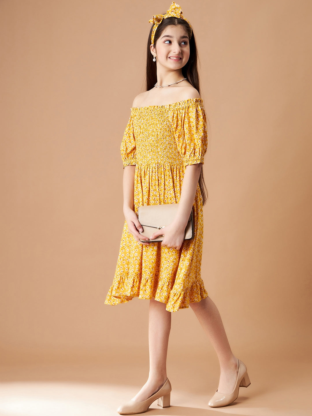 Girls Floral Print Off-Shoulder Puff Sleeve Fit  Flare Dress
