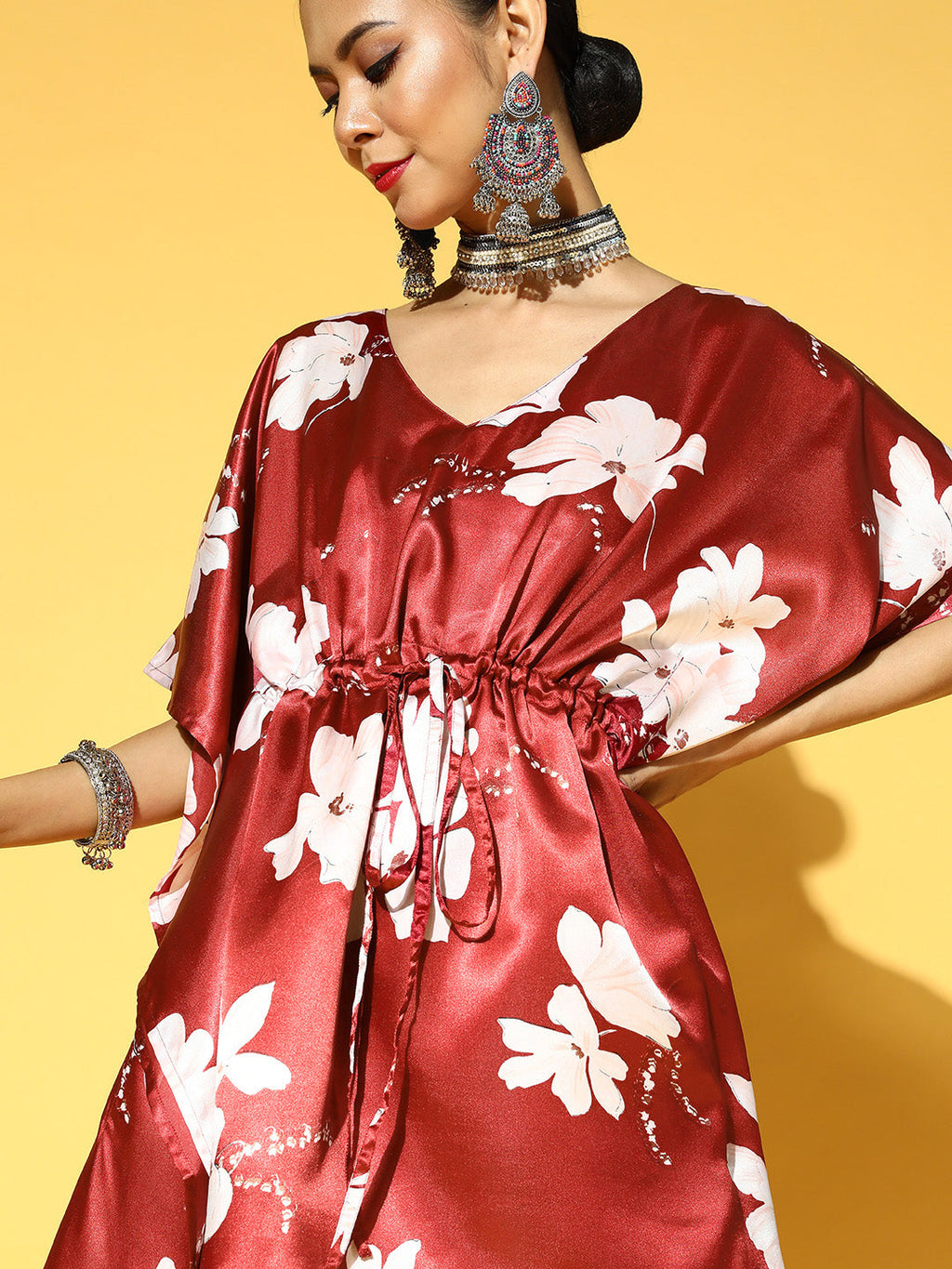 Women Maroon & White Floral Printed Kaftan Kurta with Trousers