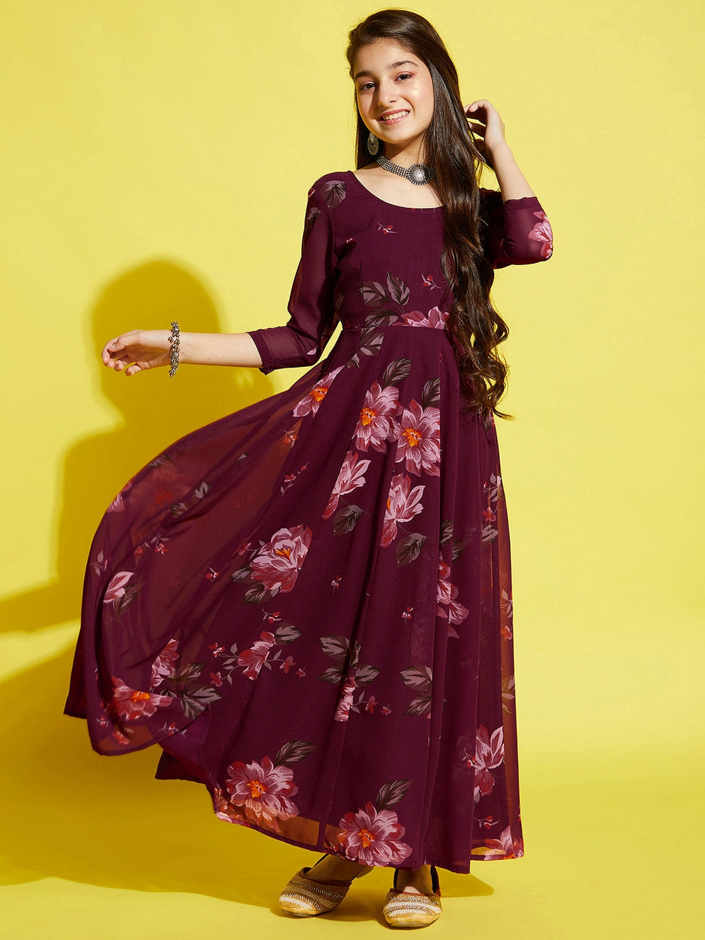Girls Maroon Floral Printed Georgette
