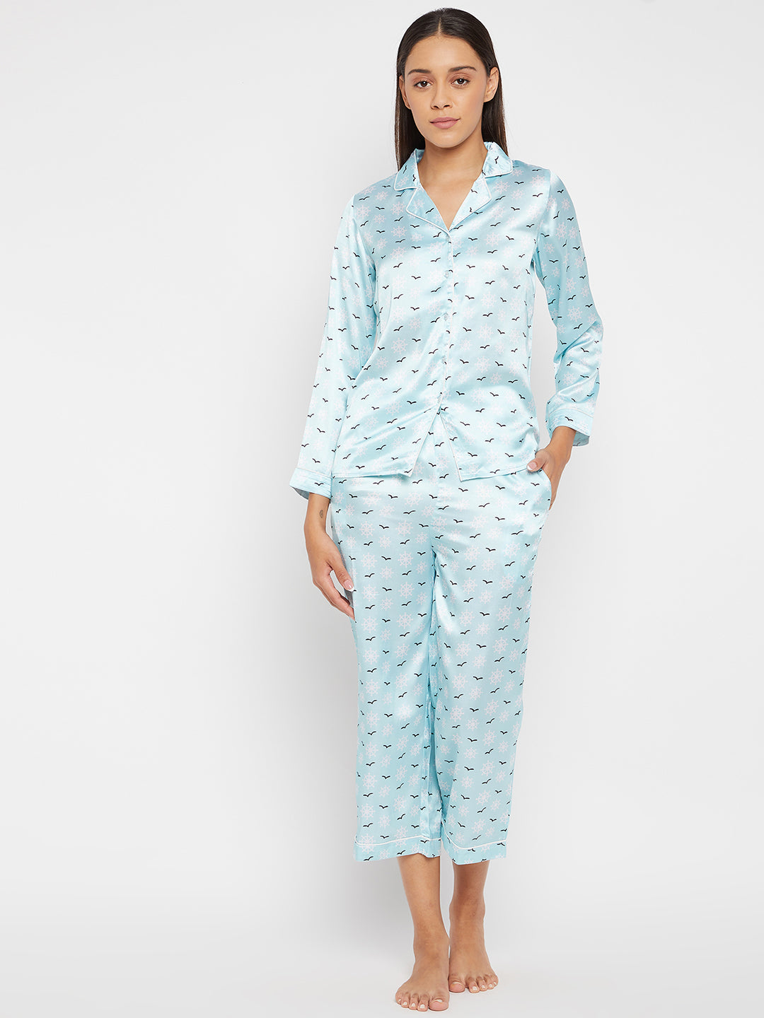 Women Blue & White Printed Night suit