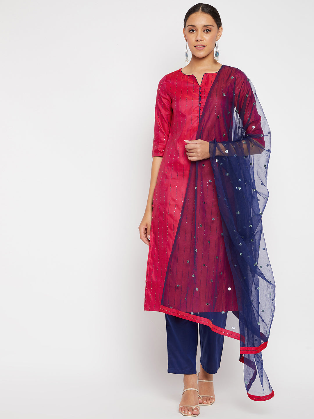 Women Magenta Blue Sequin Straight Kurta Set with Dupatta