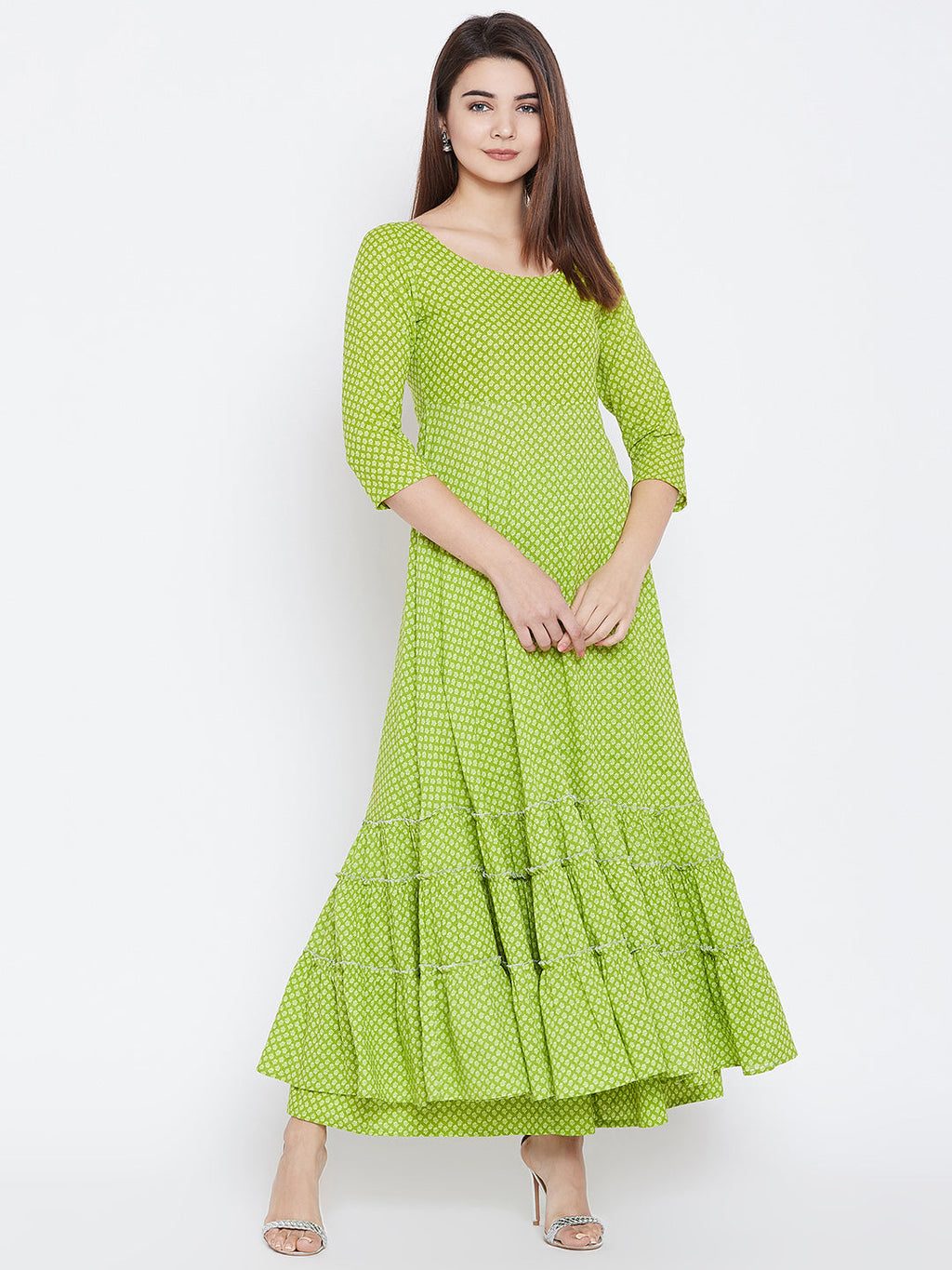 PANIT Women Green Ethnic Motifs Printed Tiered Anarkali Kurta