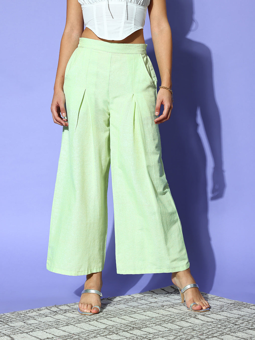 PANIT Women  Lime Green Solid Wide Leg Trousers