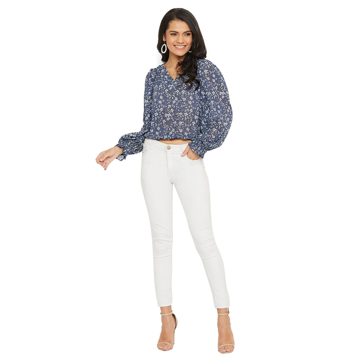 Blue floral printed Top with gather sleeve and waist elastic