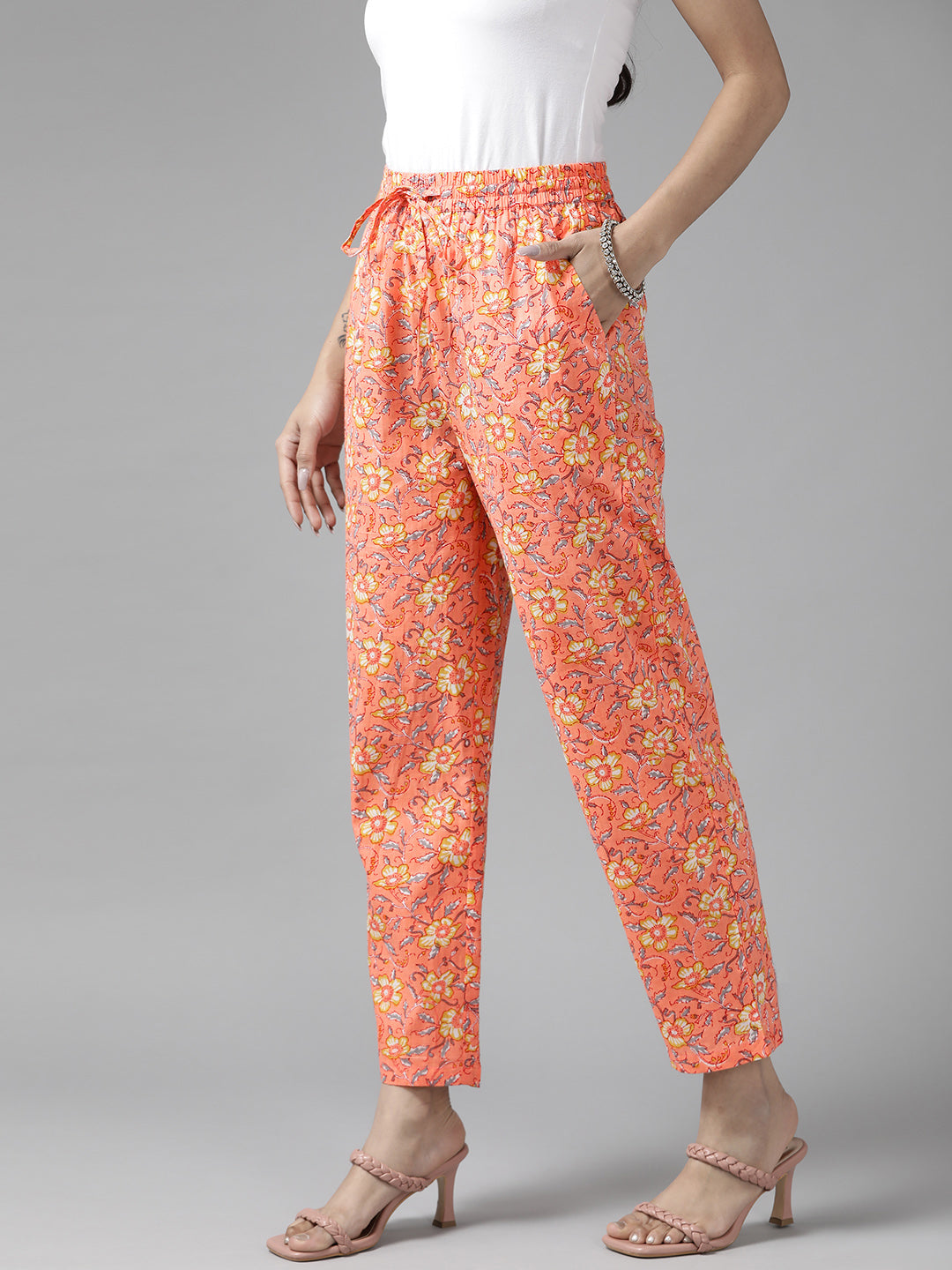 Women Peach-Coloured & Yellow Cotton Floral Printed Comfort Fit Trousers