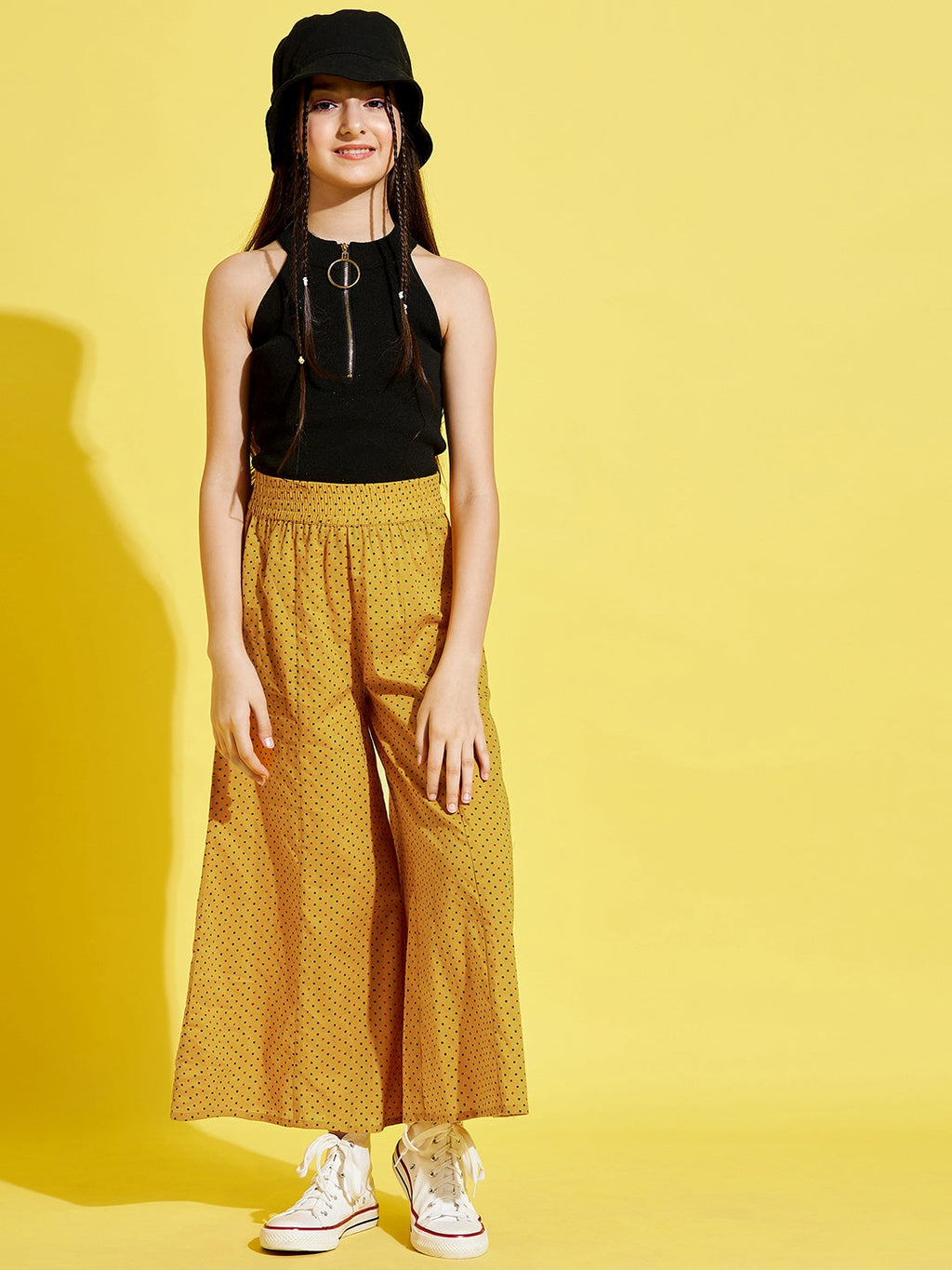 Cherry Jerry Girls Mustard Yellow Printed Relaxed cotton Trousers