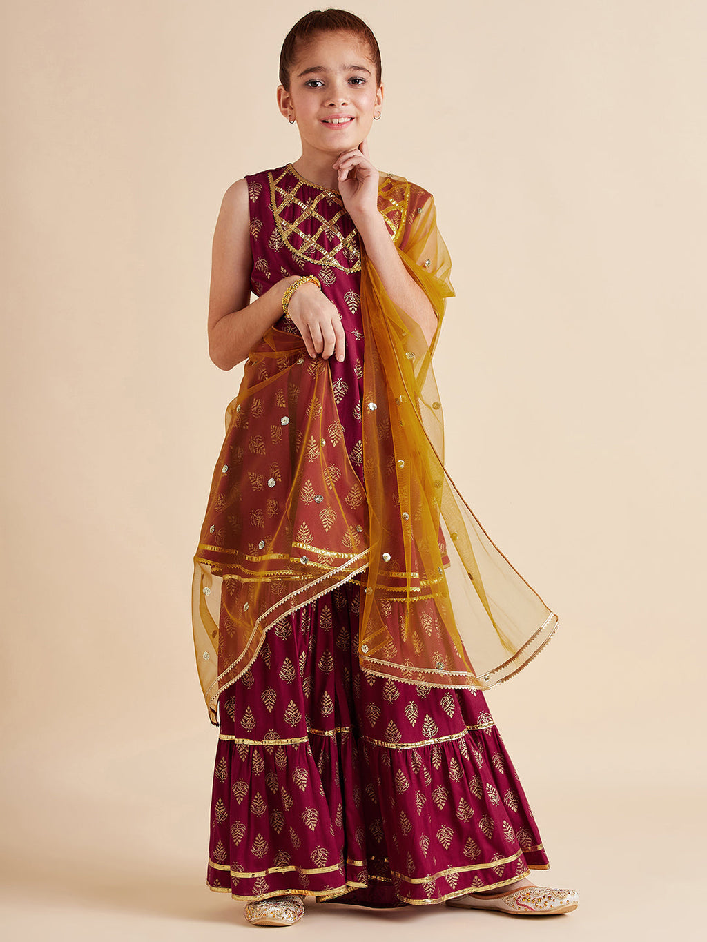 Girls Ethnic Motifs Printed Gotta Patti Kurti with Sharara & With Dupatta