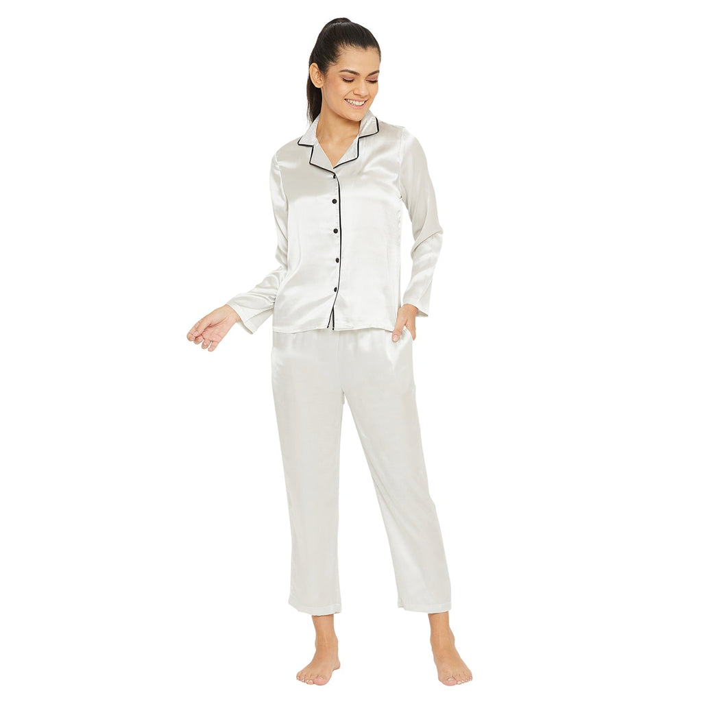 Women White Satin Finish Solid Night Suit