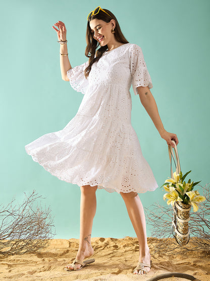 White schiffli tiered A-Line Dress