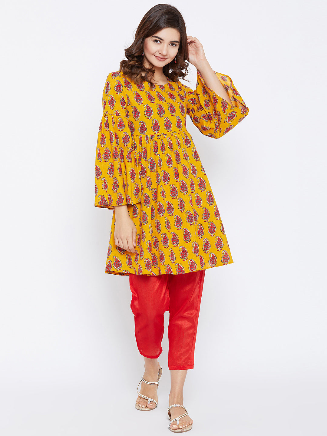 Women Yellow  Red Printed A-Line Kurta