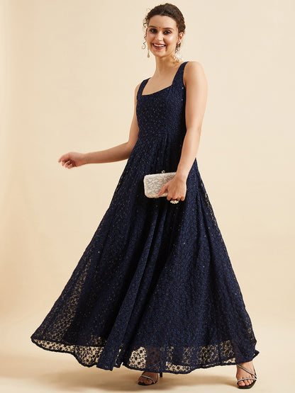 Embroidered Georgette Fit & Flare Maxi Dress - Naby Blue