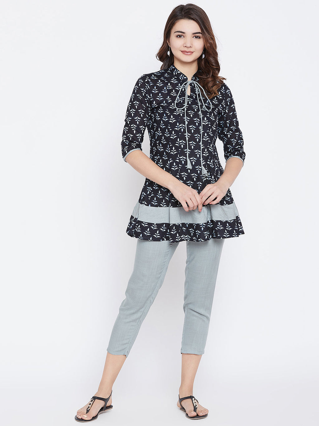 Navy Blue & Grey Printed Pure Cotton A-Line Pure Cotton Kurti