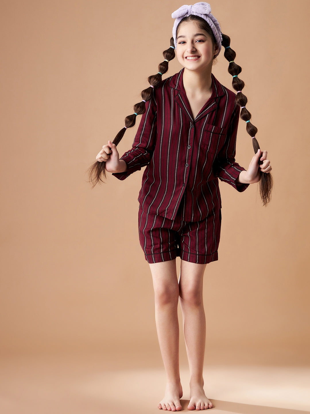 Girls Maroon Striped Shorts Night Suit Sets