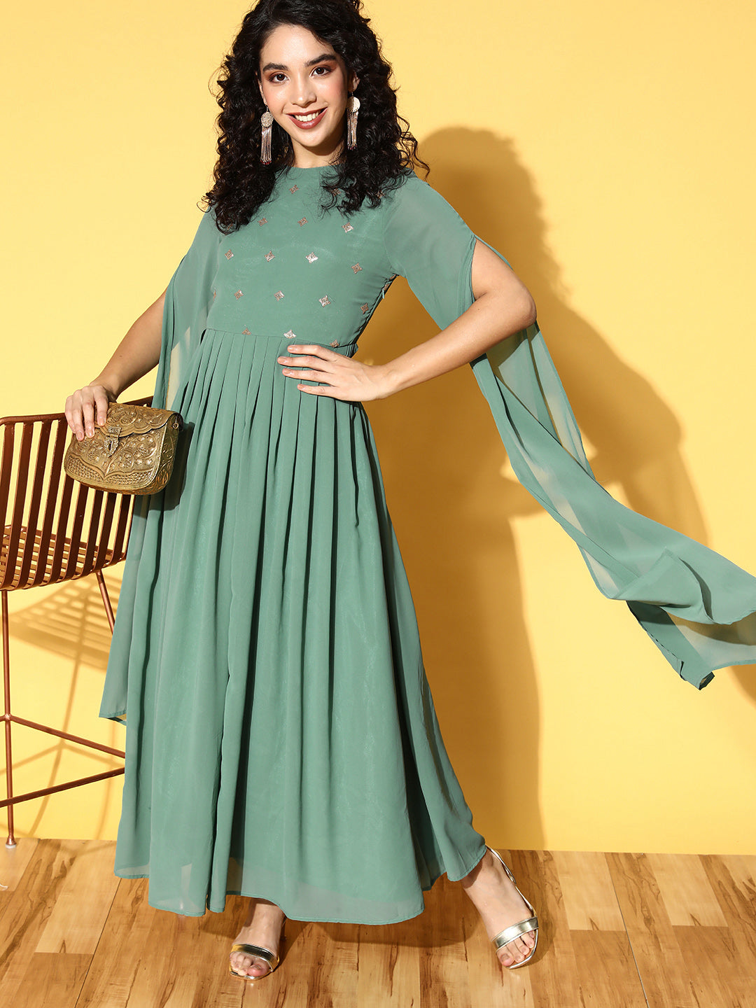 PANIT Green Ethnic Motifs Embellished Georgette A-Line Maxi Dress