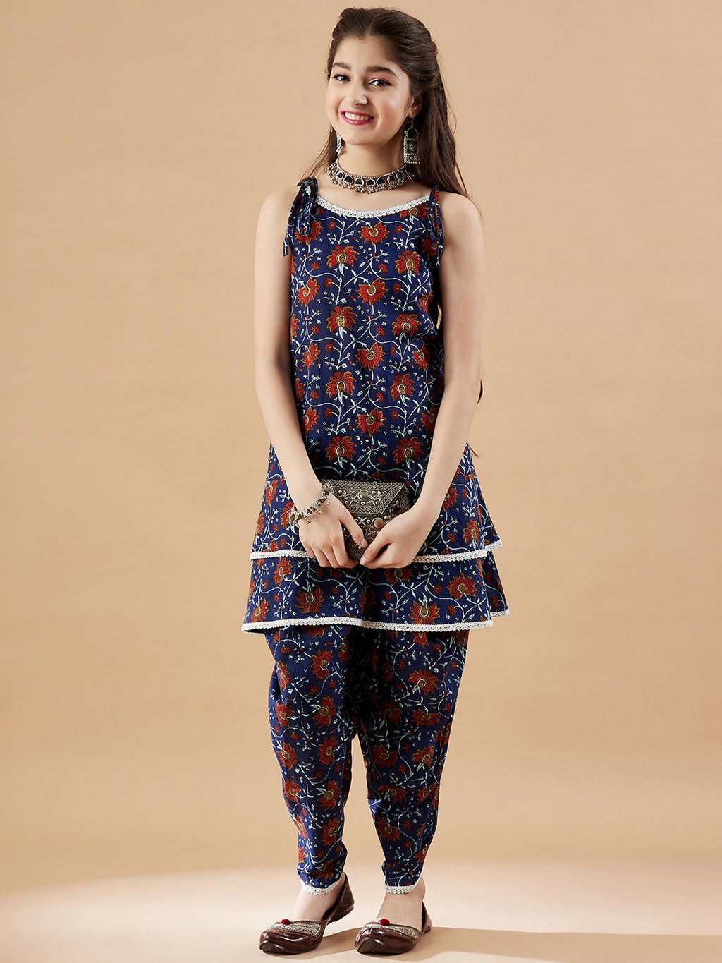 Girls Floral Printed Kurti with Dhoti Pants
