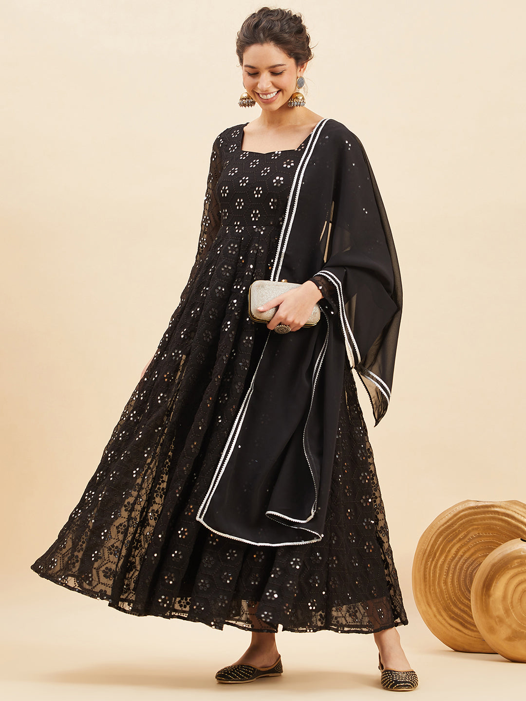 Black Mirror Embroidered Flared Ethnic Dresses With Dupatta