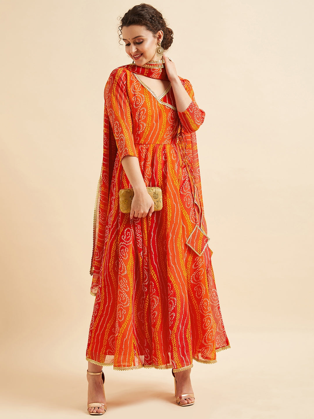 Bandhani Printed V-Neck Anarkali Ethnic Maxi Dress With Dupatta
