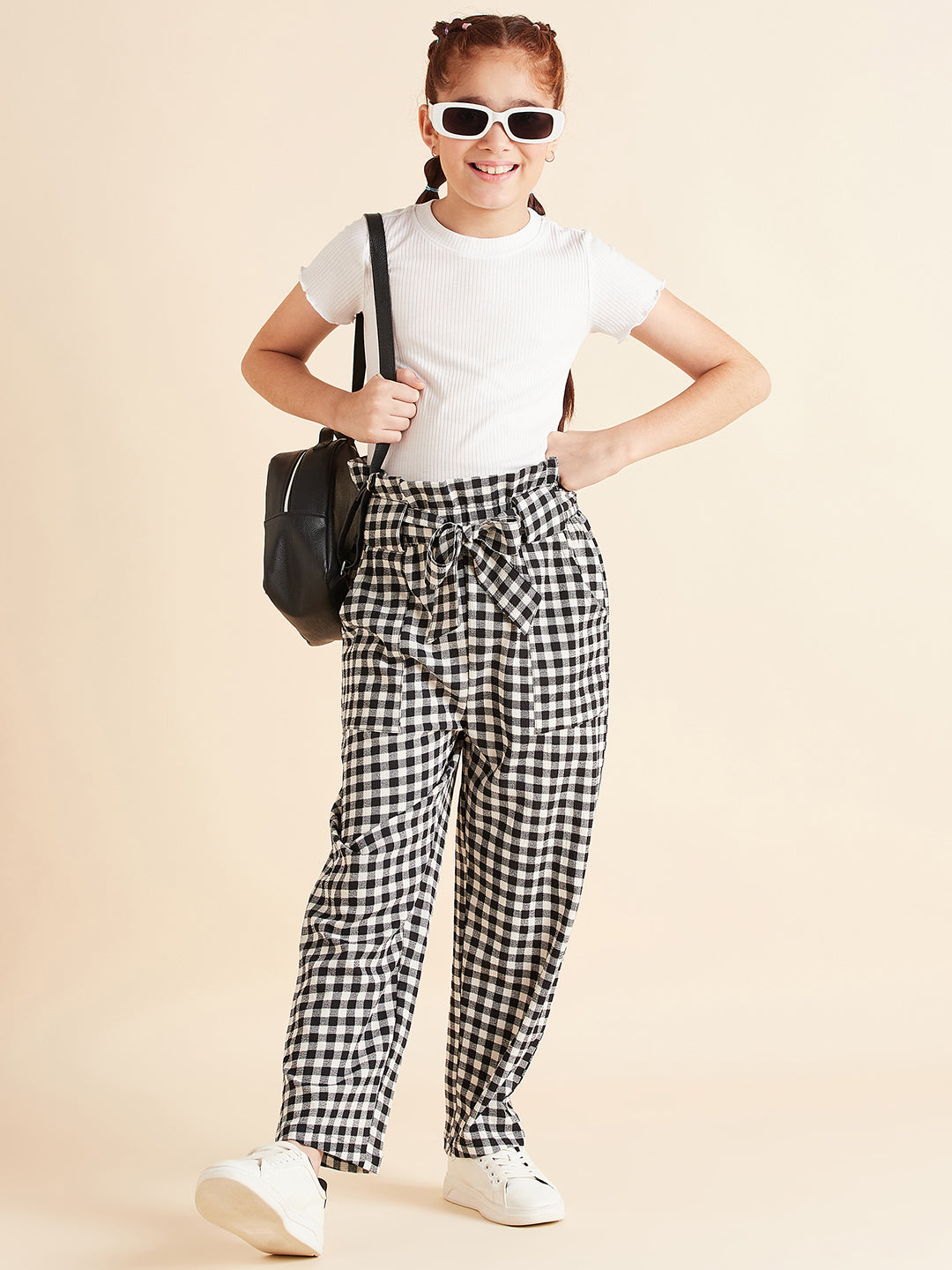 Girls Checked Relaxed High-Rise Trousers