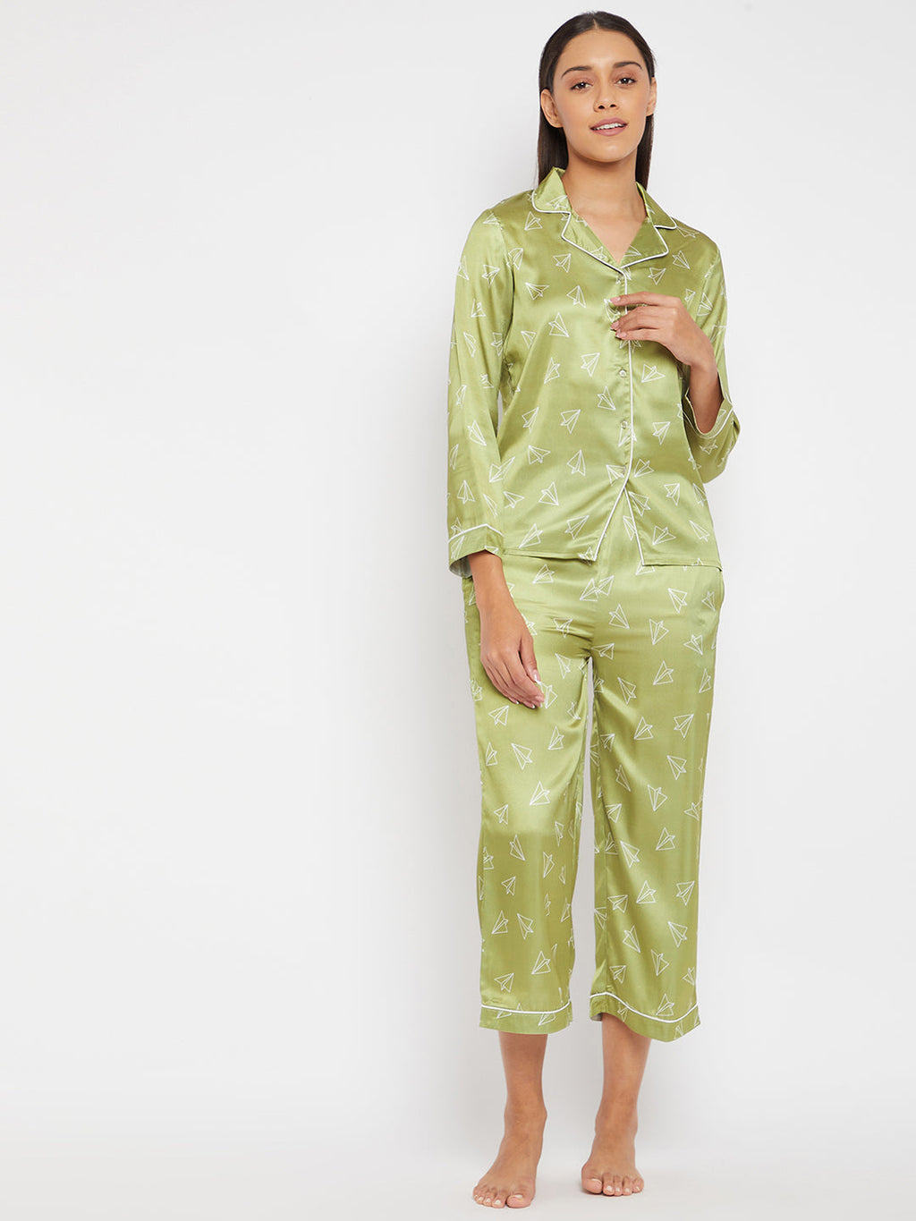 Women Lime Green & White Printed Night suit