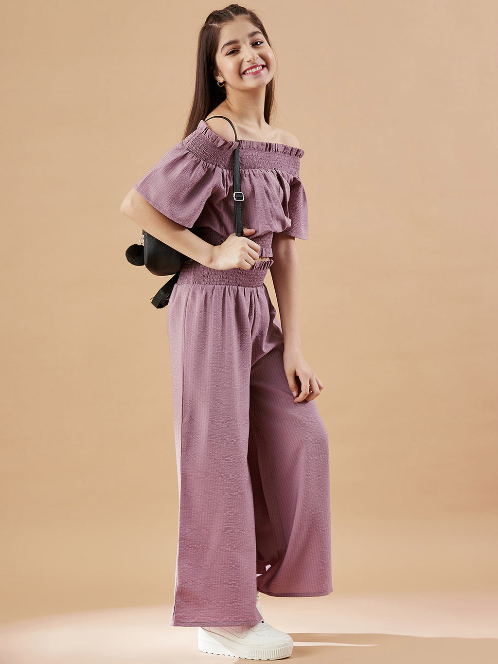 Girls Off-Shoulder Mauve Top with Trousers