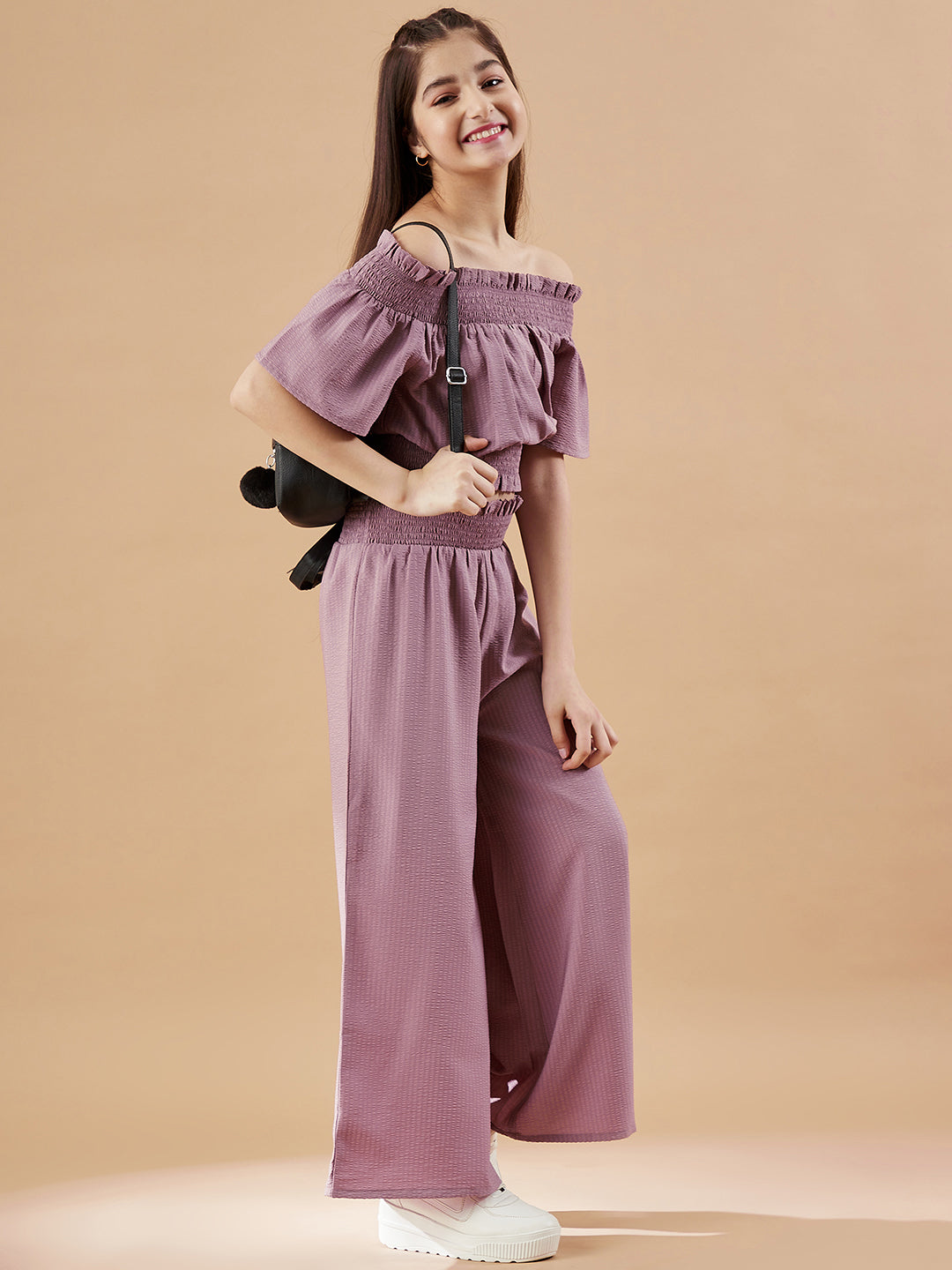 Girls Off-Shoulder Mauve Top with Trousers