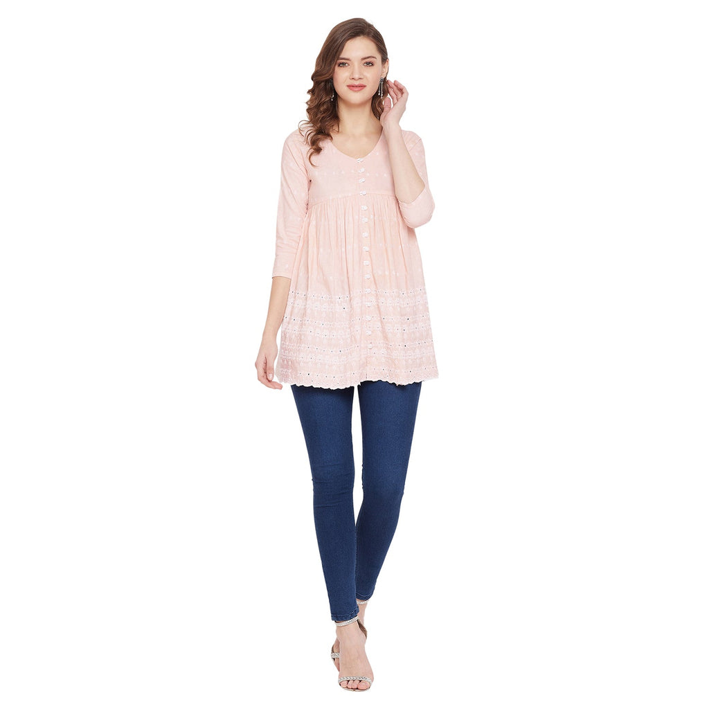Women Peach Schiffli A-Line Flared Top