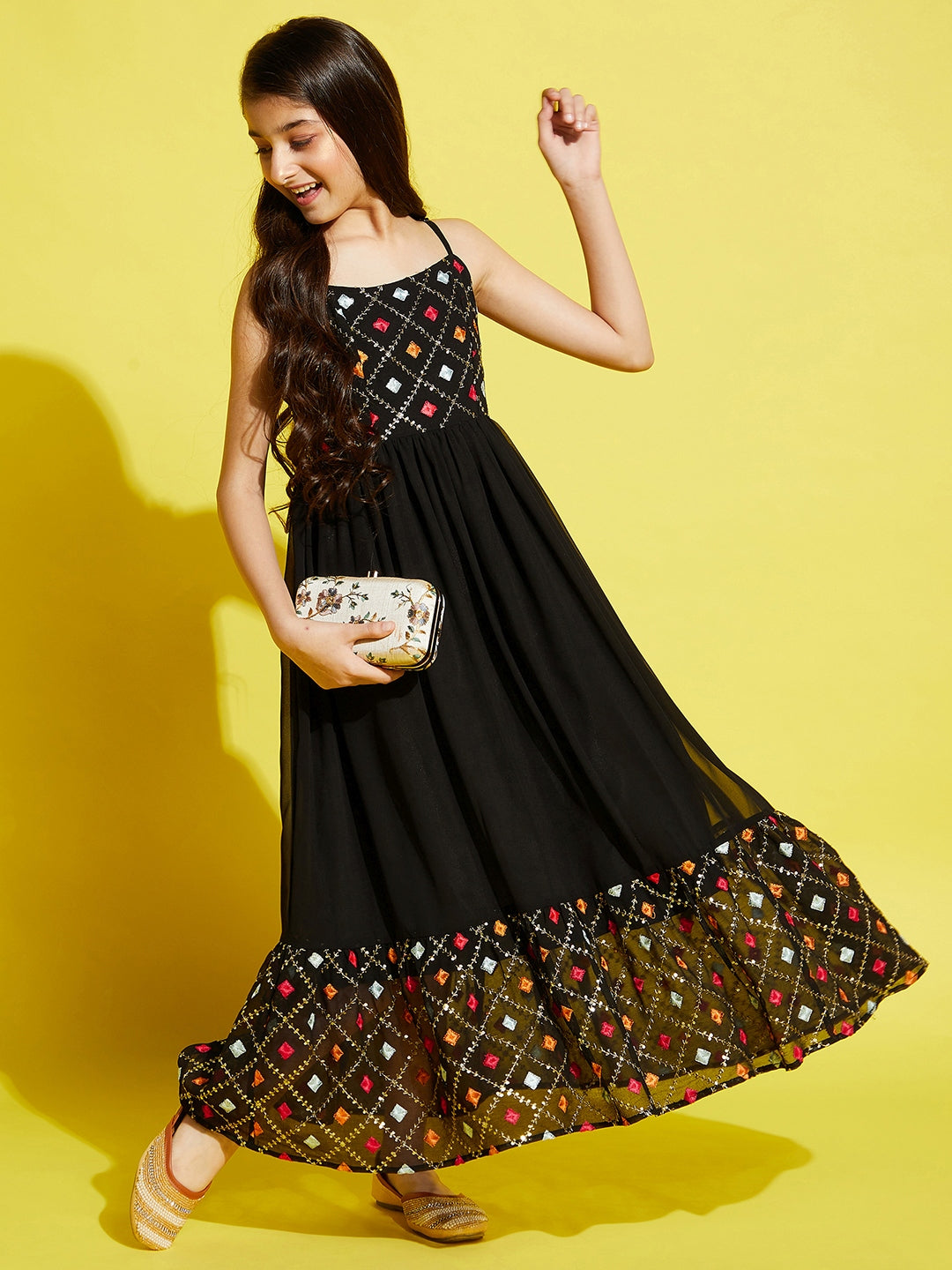 Girls Black & Red Floral Embroidered Ethnic Maxi Dress