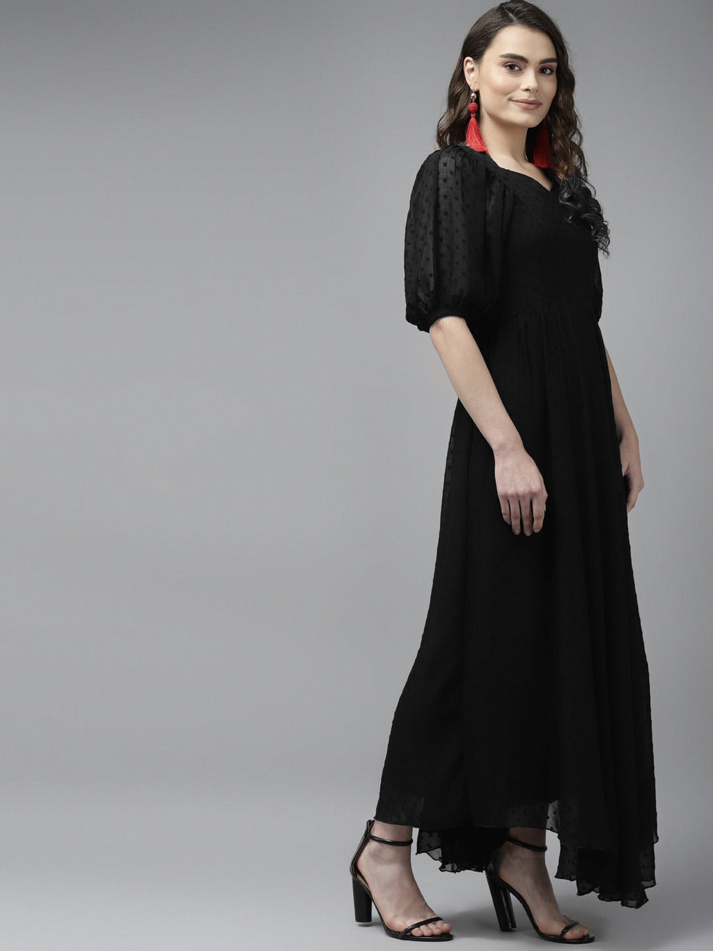 PANIT Black Solid Georgette Dobby Maxi Fit  Flare Dress