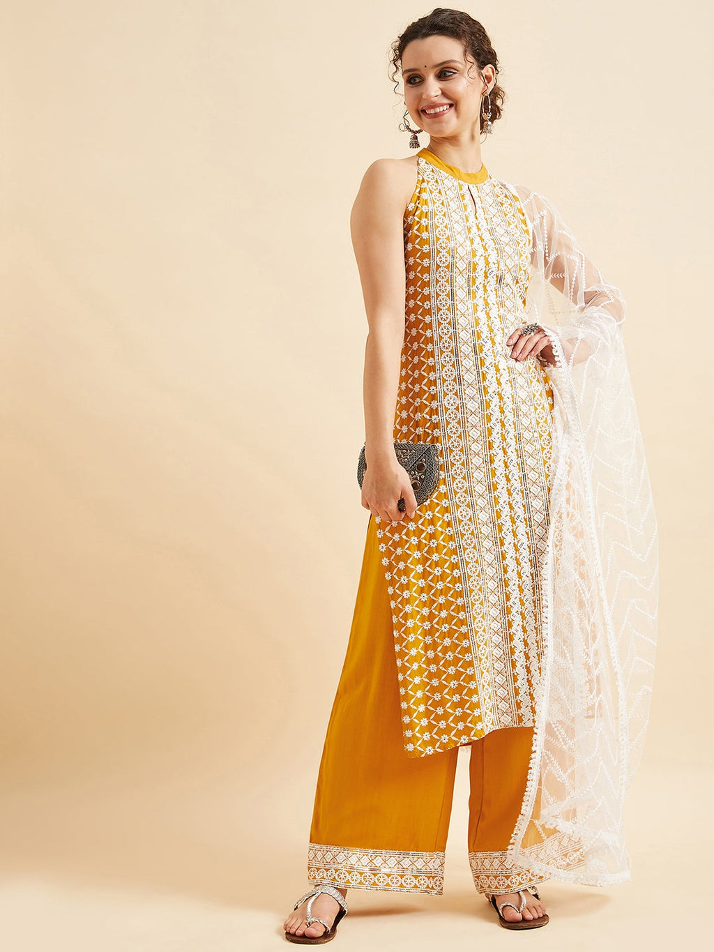 Yellow Ethnic Motifs Embroidered Thread Work Regular Kurta with Palazzos & Dupatta