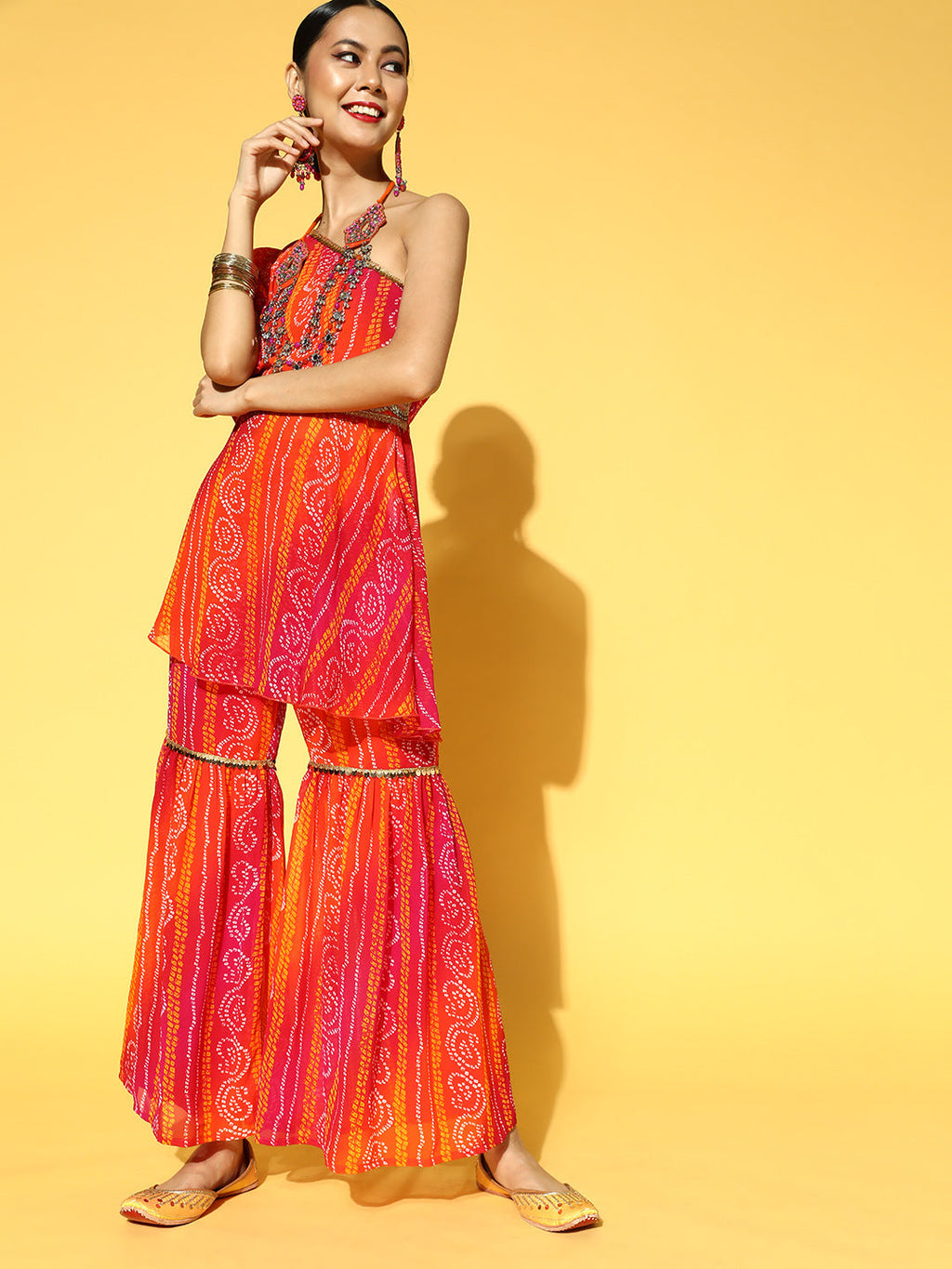 Women Orange & Pink Bandhani Printed One Shoulder Kurta & Sharara with Belt