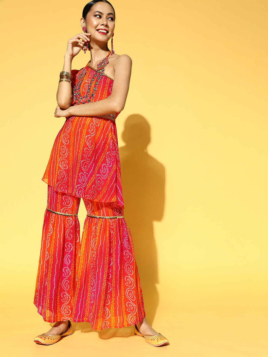 Women Orange & Pink Bandhani Printed One Shoulder Kurta & Sharara with Belt