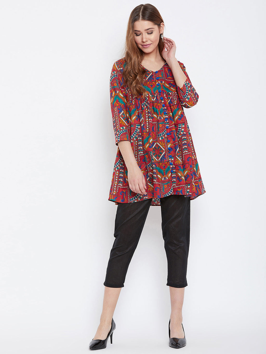 Women Red Printed Pure Cotton Anarkali Pure Cotton Kurti