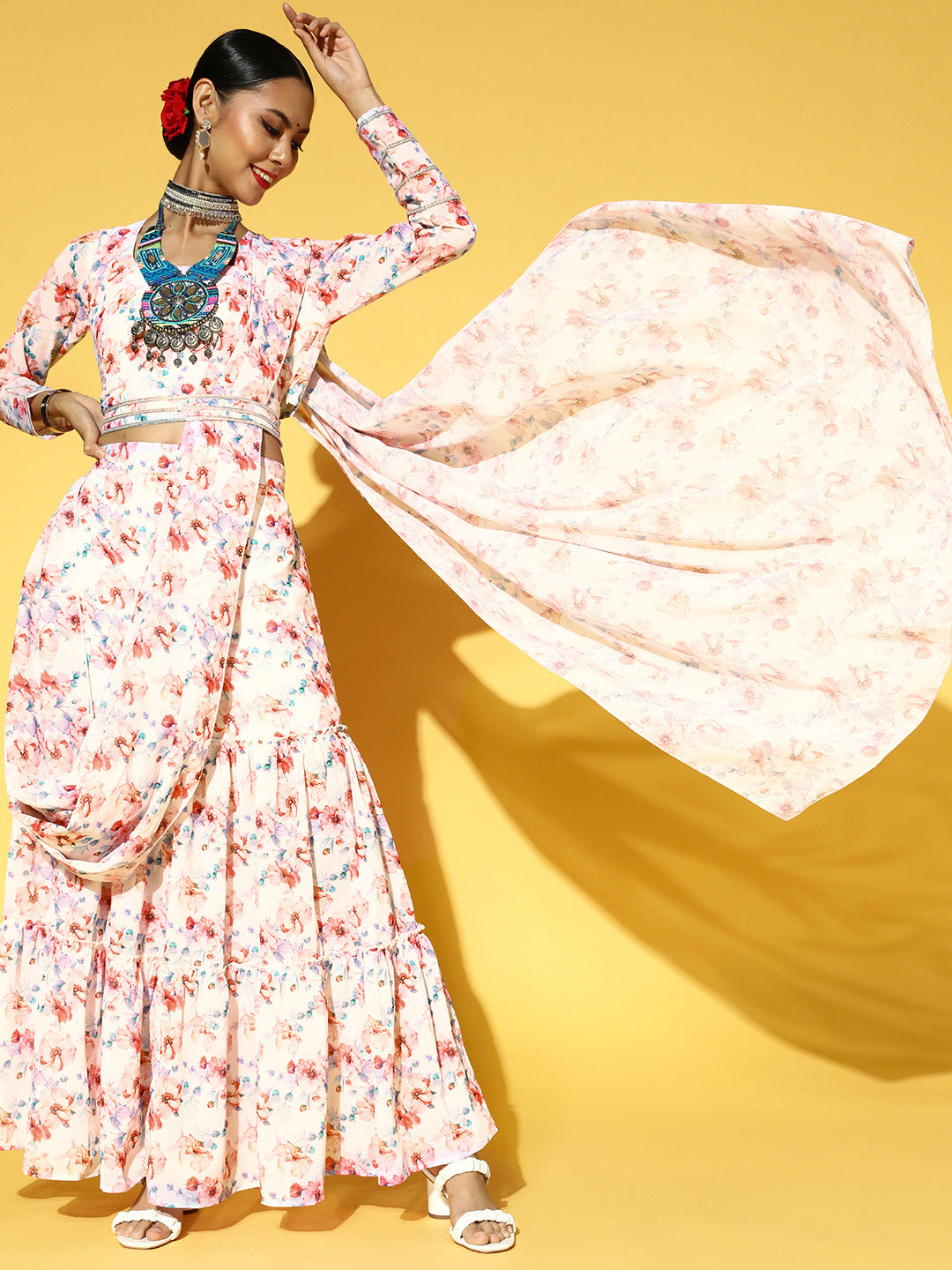 White & Pink Floral Print Ready to Wear Lehenga & Choli with Attached Dupatta