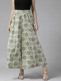 Women White Green & Grey Floral Printed Ethnic Cotton Palazzos