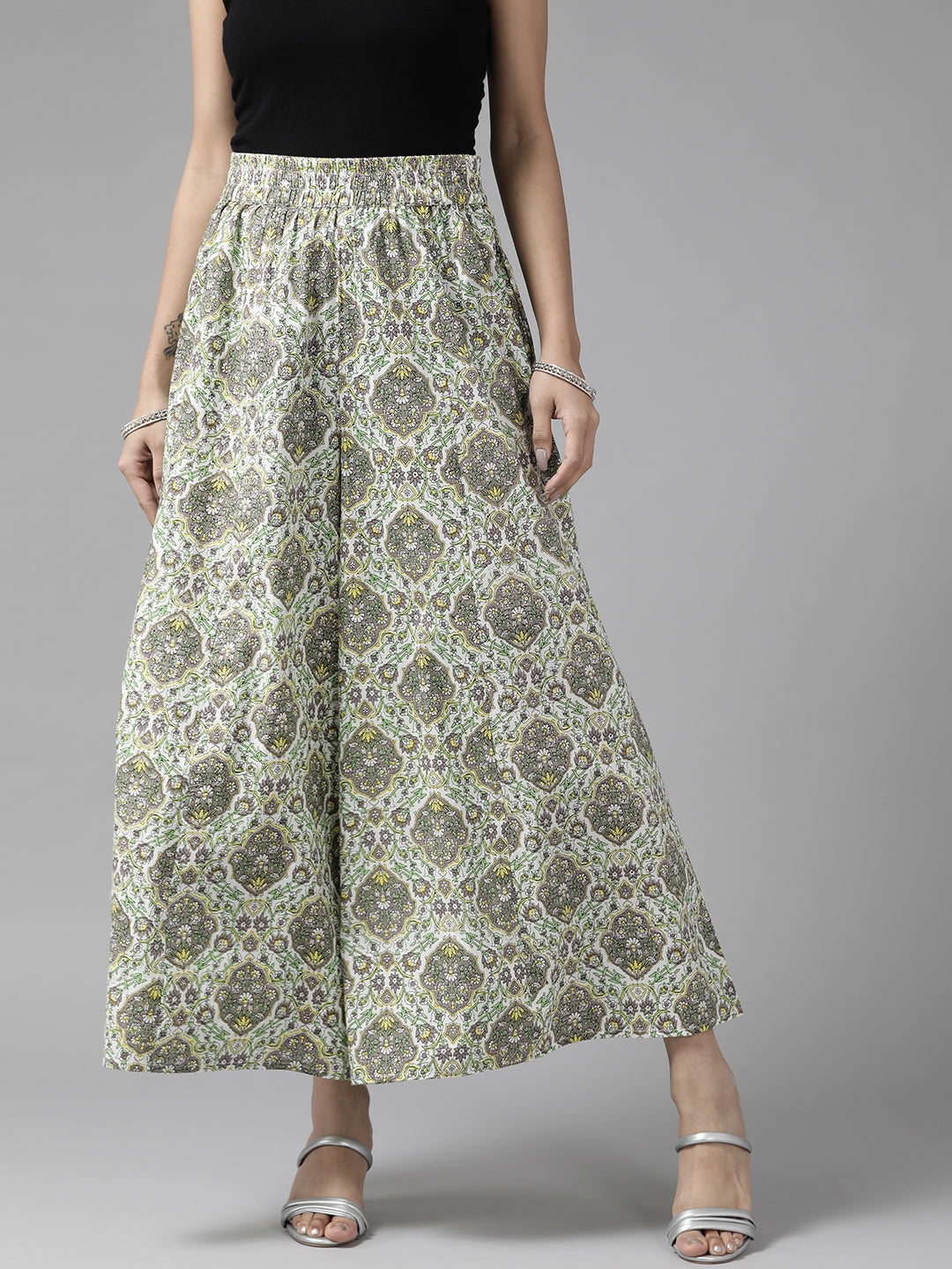 Women White Green & Grey Floral Printed Ethnic Cotton Palazzos