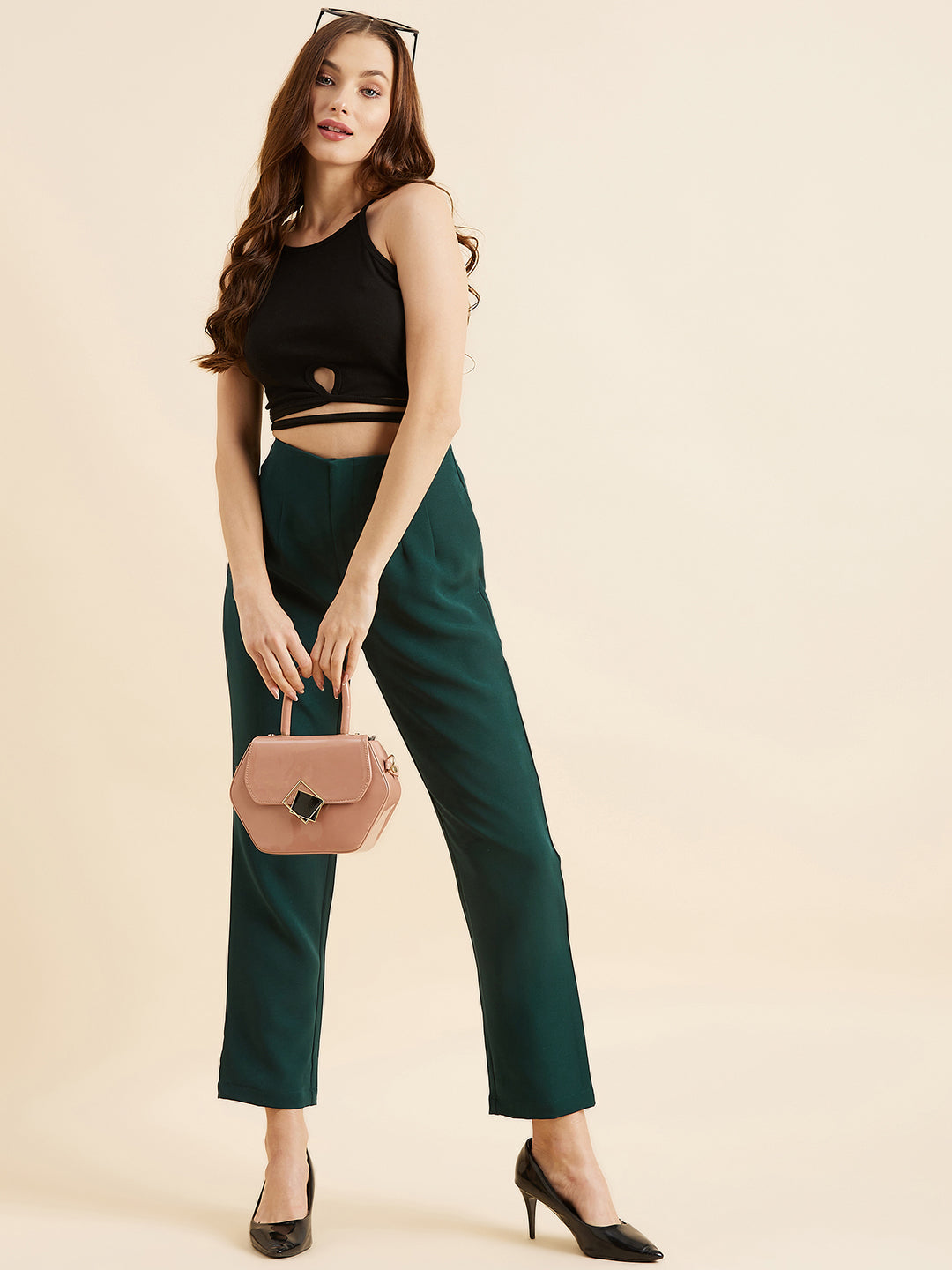 Green Smart Straight Fit High-Rise Trousers