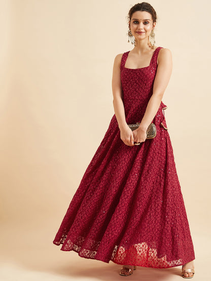 Embroidered Georgette Fit & Flare Maxi Dress - Red