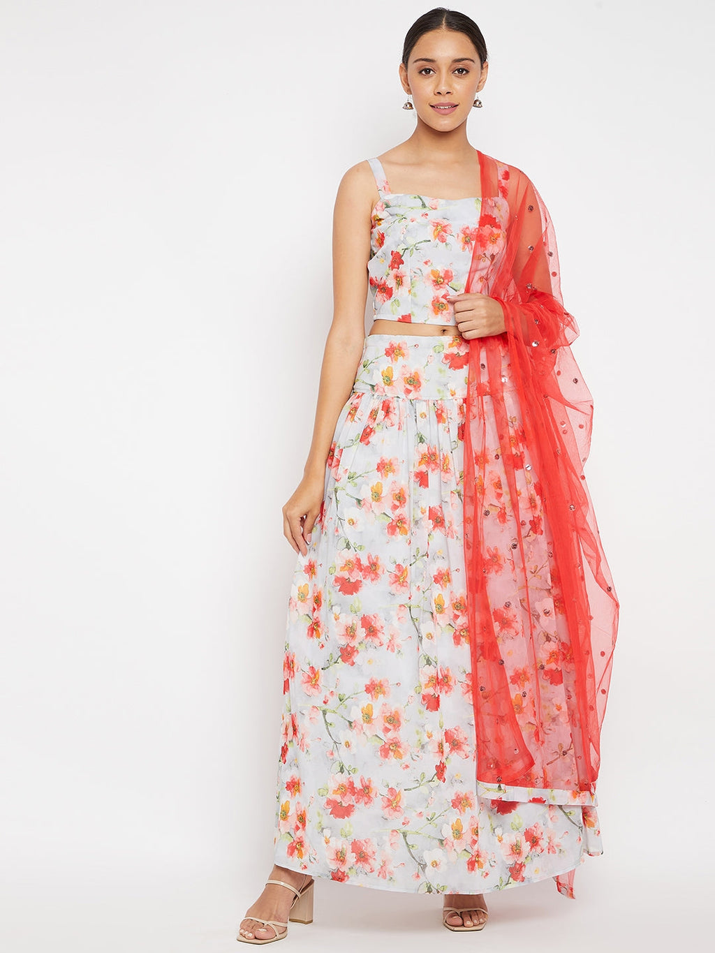 Women Off-White Floral Printed Regular Top with Skirt & With Dupatta