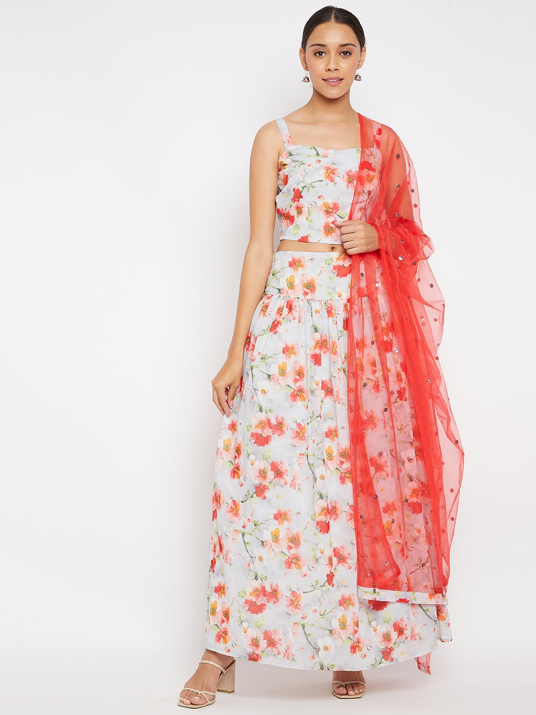 Women Off-White Floral Printed Regular Top with Skirt & With Dupatta