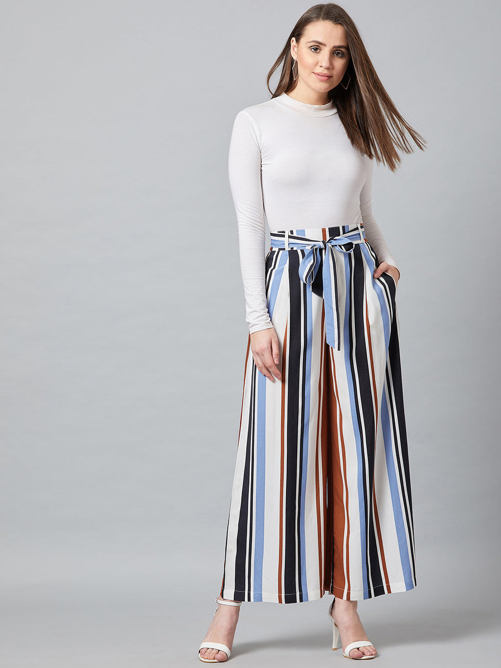 Women Blue & Black Relaxed Loose Fit Striped Trouser