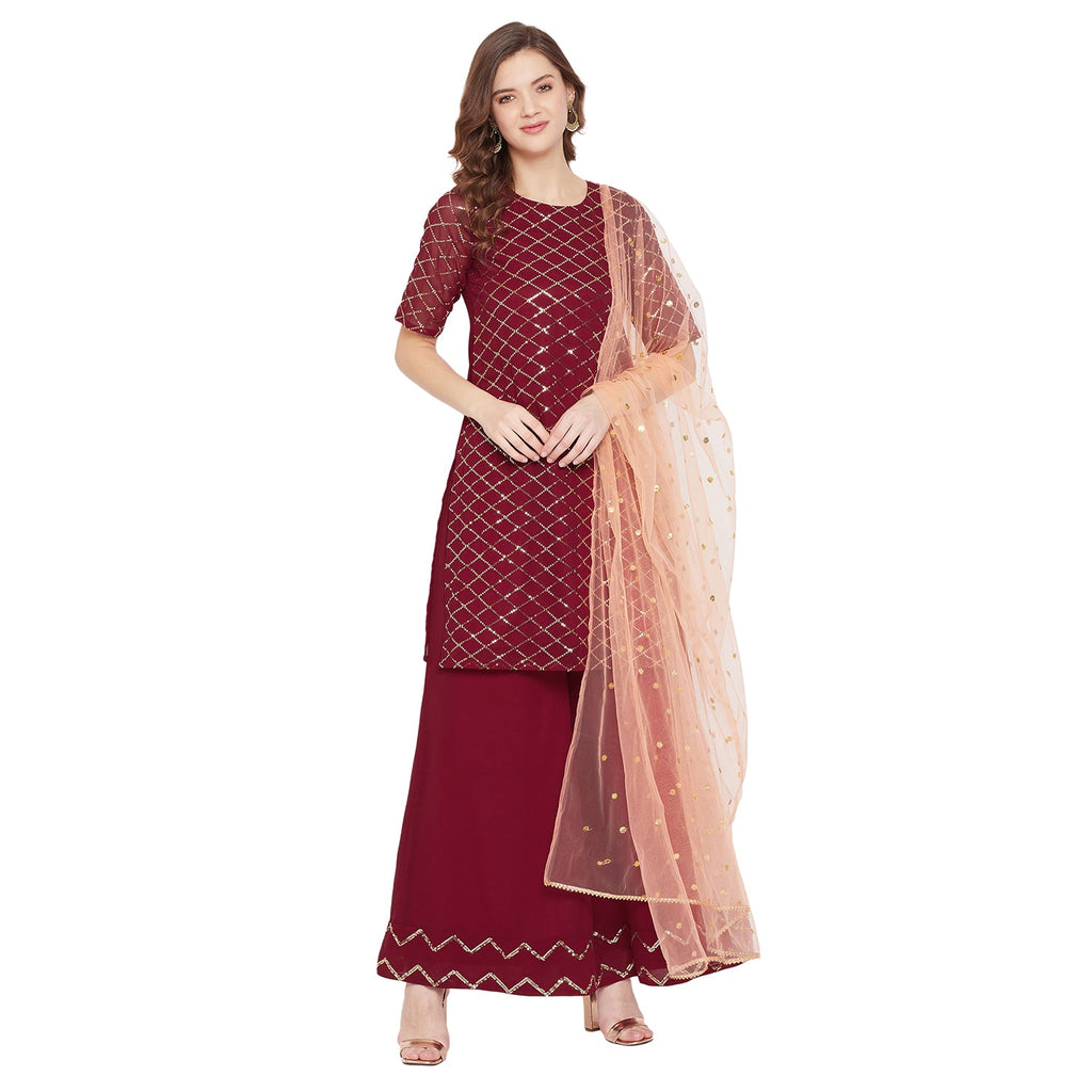 Maroon jaal embroidered kurta and sharara with peach dupatta