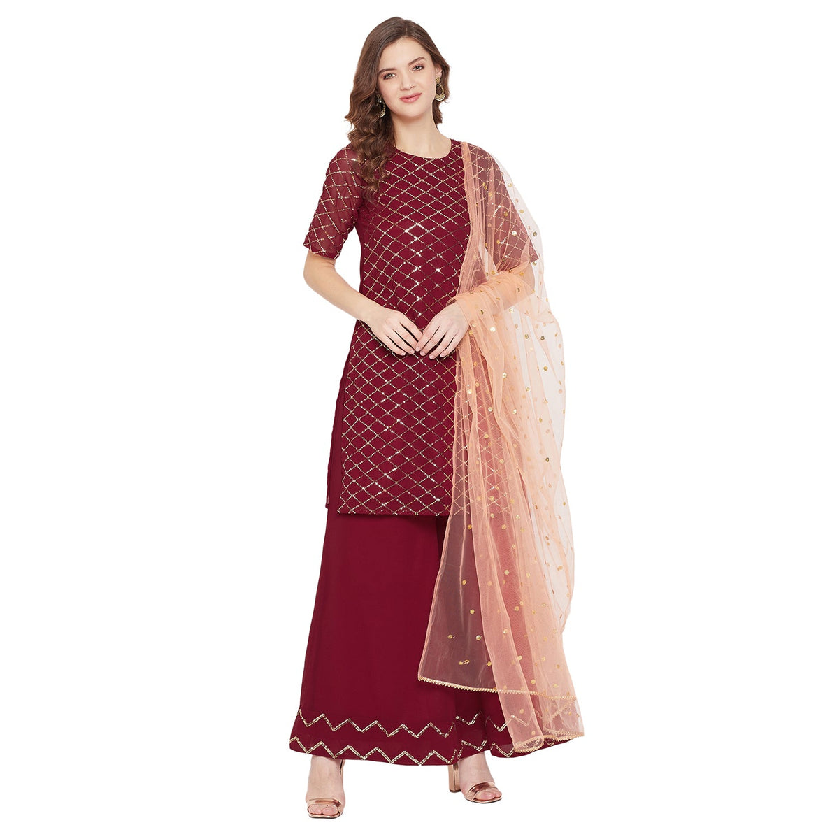 Maroon jaal embroidered kurta and sharara with peach dupatta