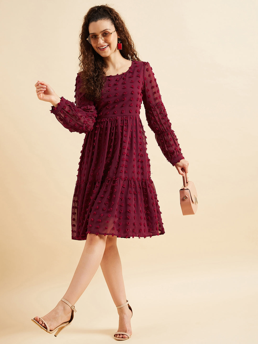 Women Self Design Puff Sleeves Georgette Dress