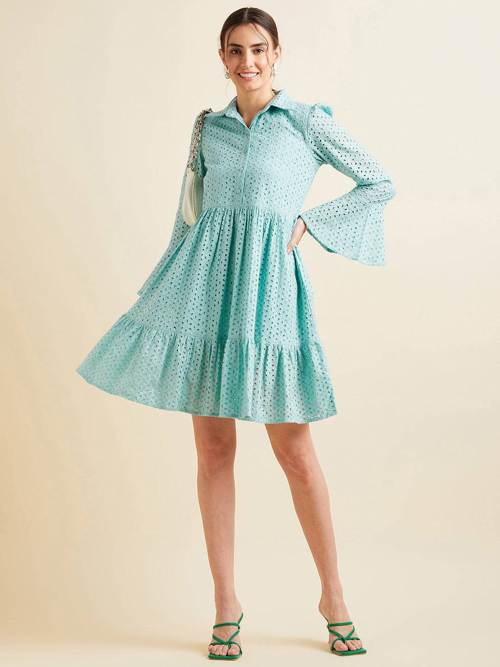 Women Blue Shirt Collar Bell Sleeve Ruffled Schiffli Cotton A-line Dress